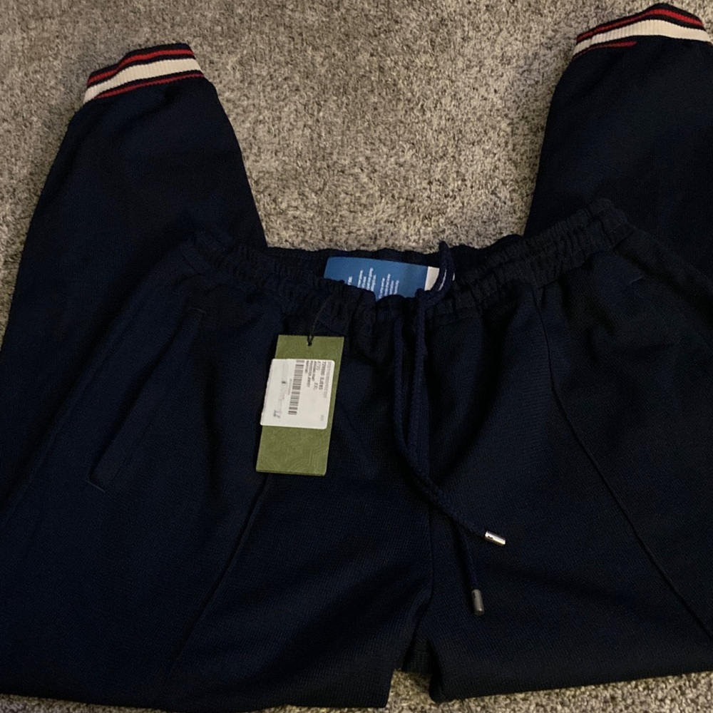 Navy Jogger Pants with Red and White Striped Cuffs gucci